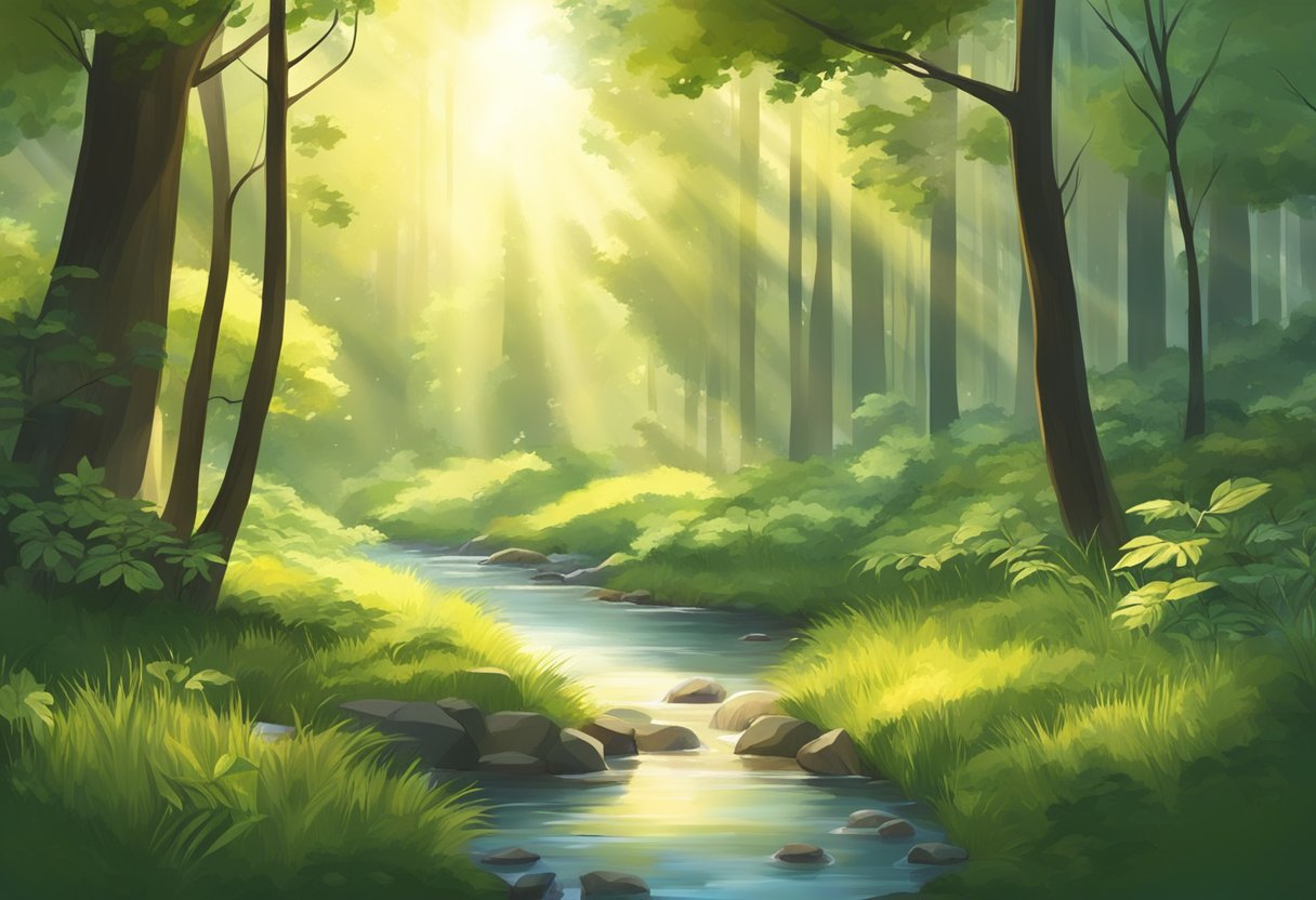 A serene forest with sunlight filtering through the trees, birds chirping, and a gentle stream flowing, evoking a sense of calm and peace