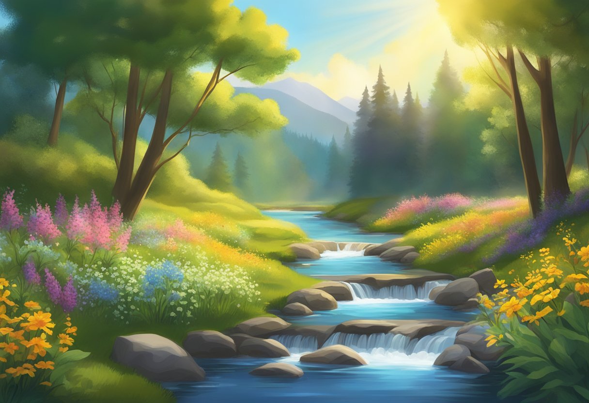 A serene natural setting with sunlight streaming through trees, surrounded by colorful wildflowers and a peaceful stream, representing alternative therapy and natural antidepressant supplementation