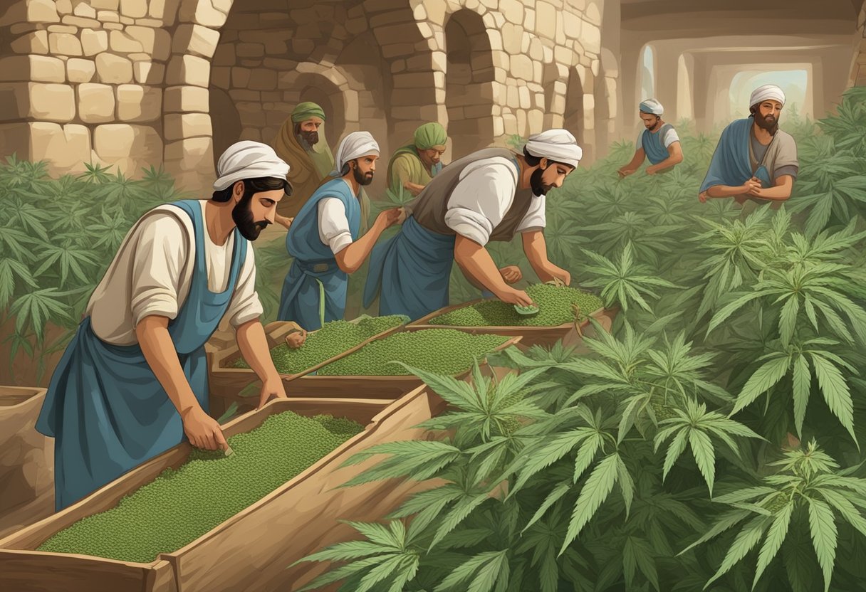 A historical scene of hashish production in ancient times, with workers processing and collecting cannabis resin from the plants