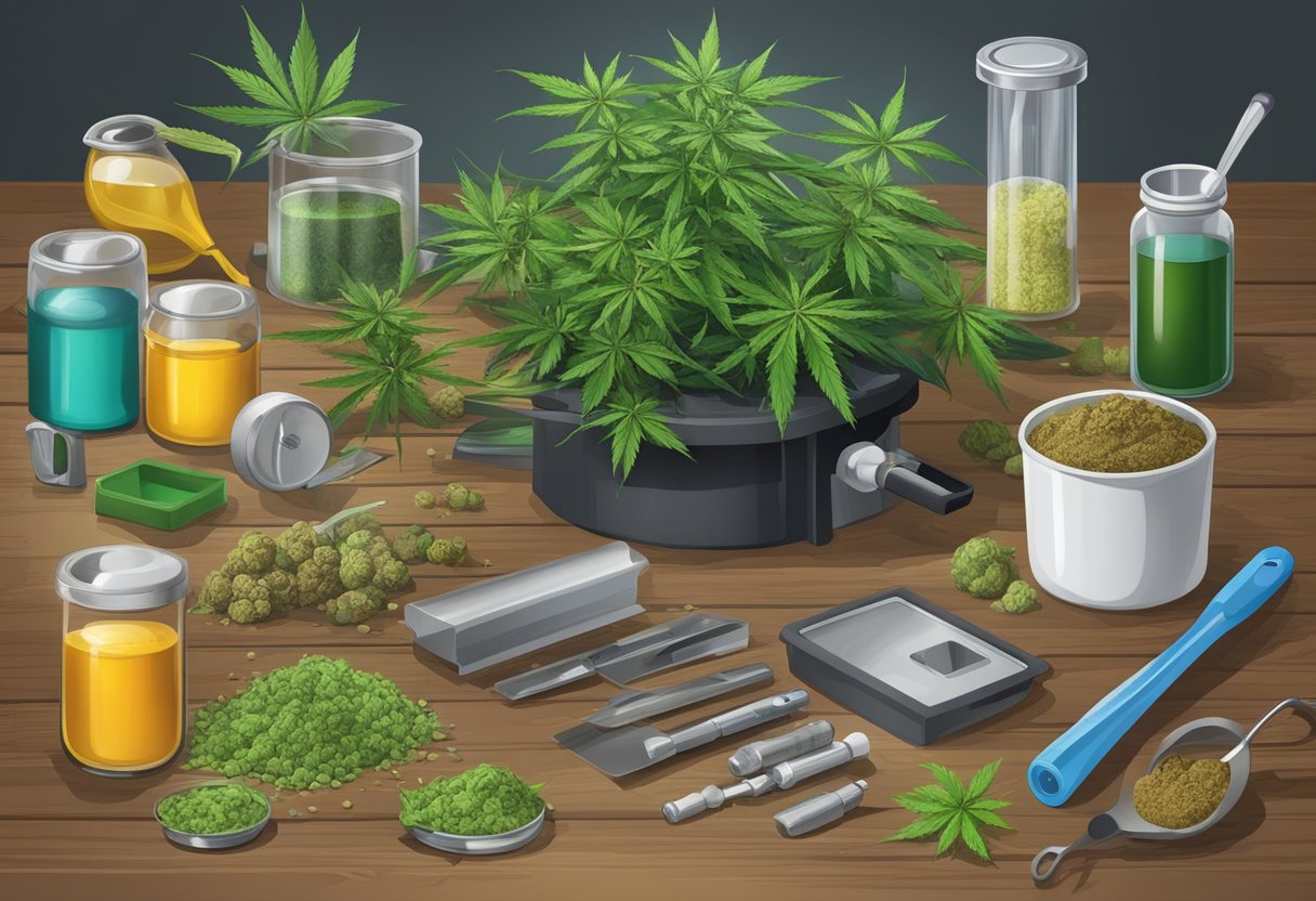 A table with various tools and equipment for hashish production, including cannabis plants, grinding machines, and extraction containers