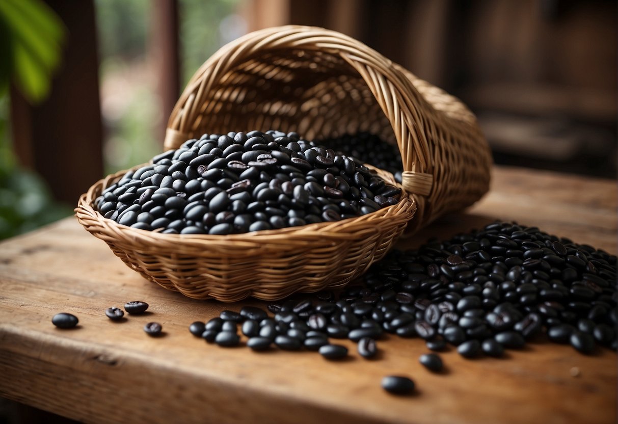 A pile of black turtle beans spills out of a woven basket onto a rustic wooden table