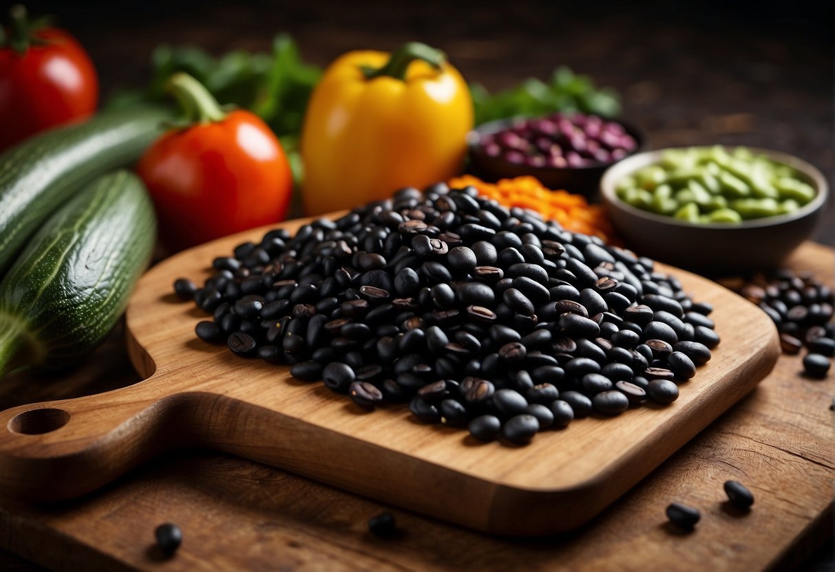 A pile of black turtle beans sits on a wooden cutting board, surrounded by colorful vegetables and a variety of spices. The beans are rich in protein and fiber, with a deep, dark color