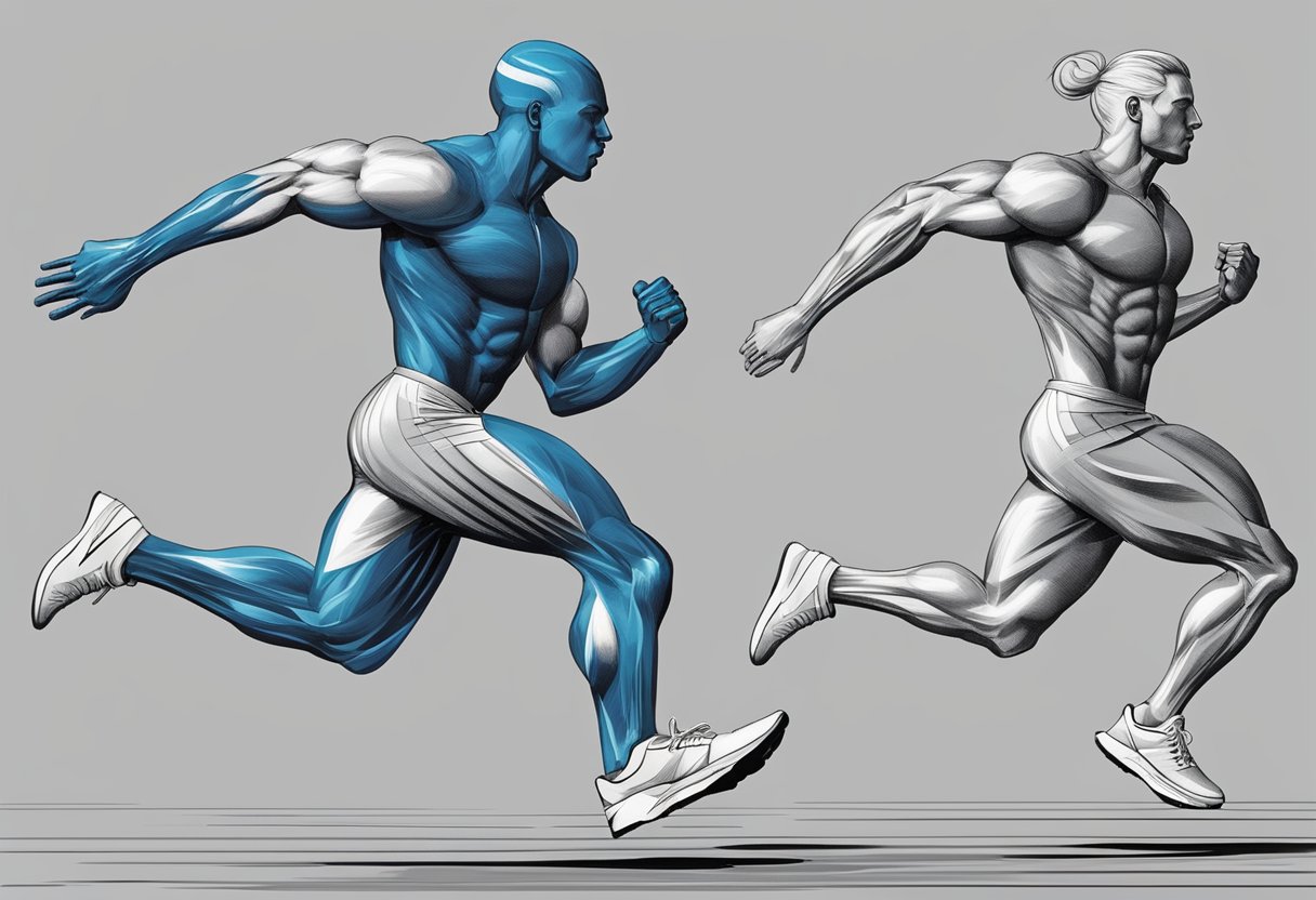 A figure sprints with explosive speed, legs extended and arms pumping. Nearby, another figure runs with a steady pace, legs moving in a fluid motion