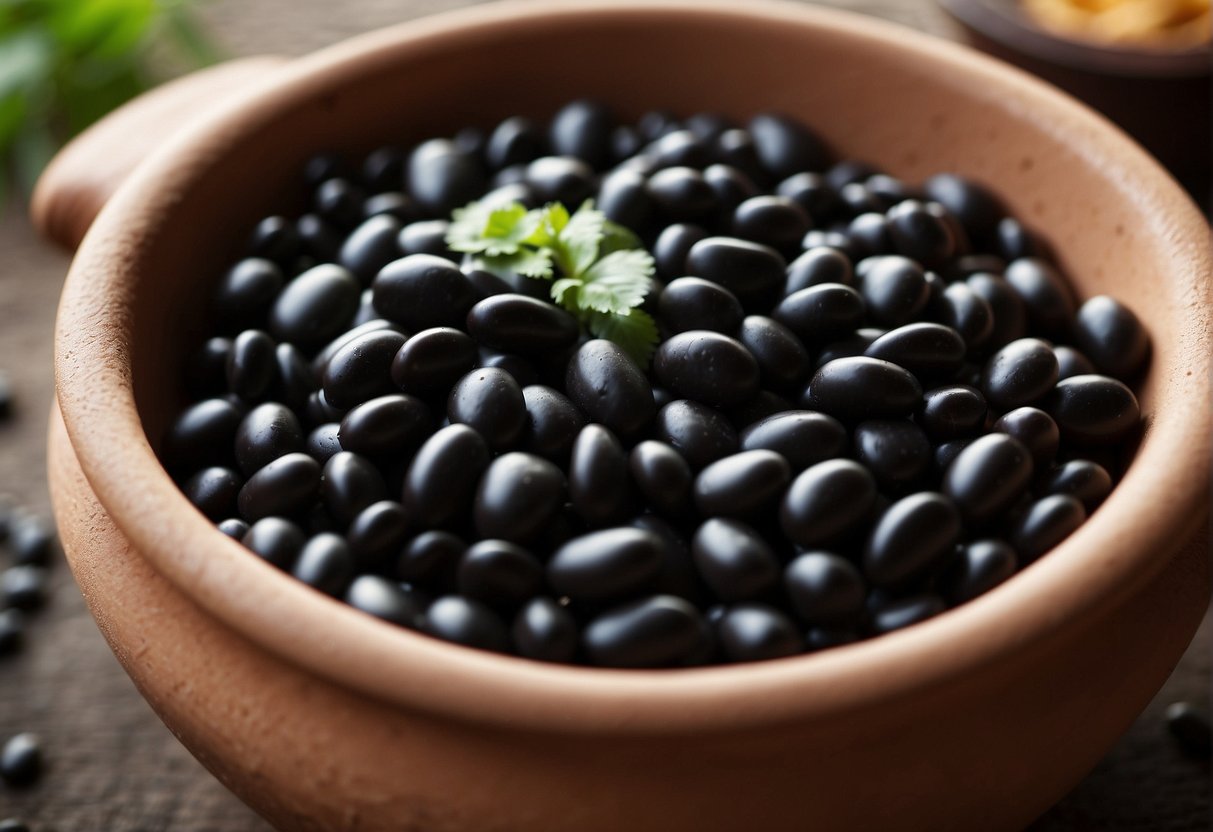 Black turtle beans are arranged in a traditional clay pot, symbolizing their cultural significance and historical importance in Latin American cuisine