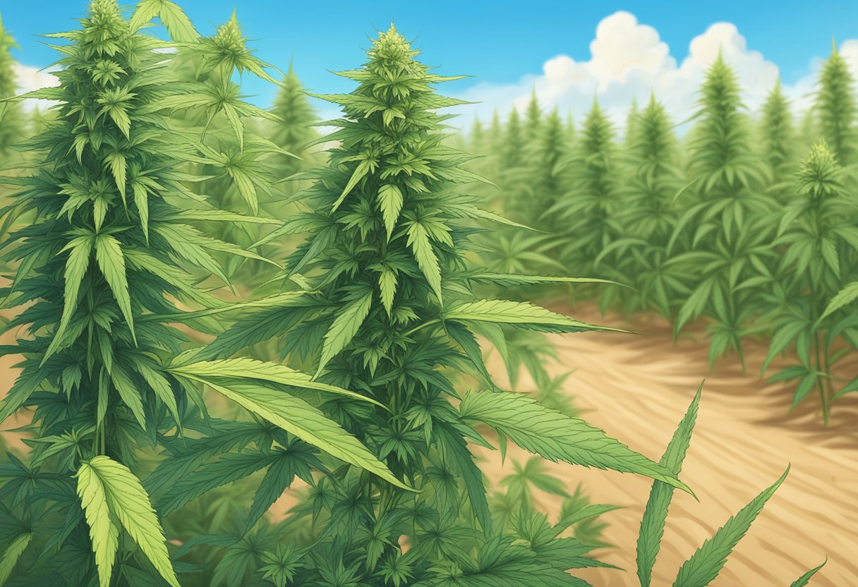 A field of CBD hemp plants with clear blue skies and legal status signage