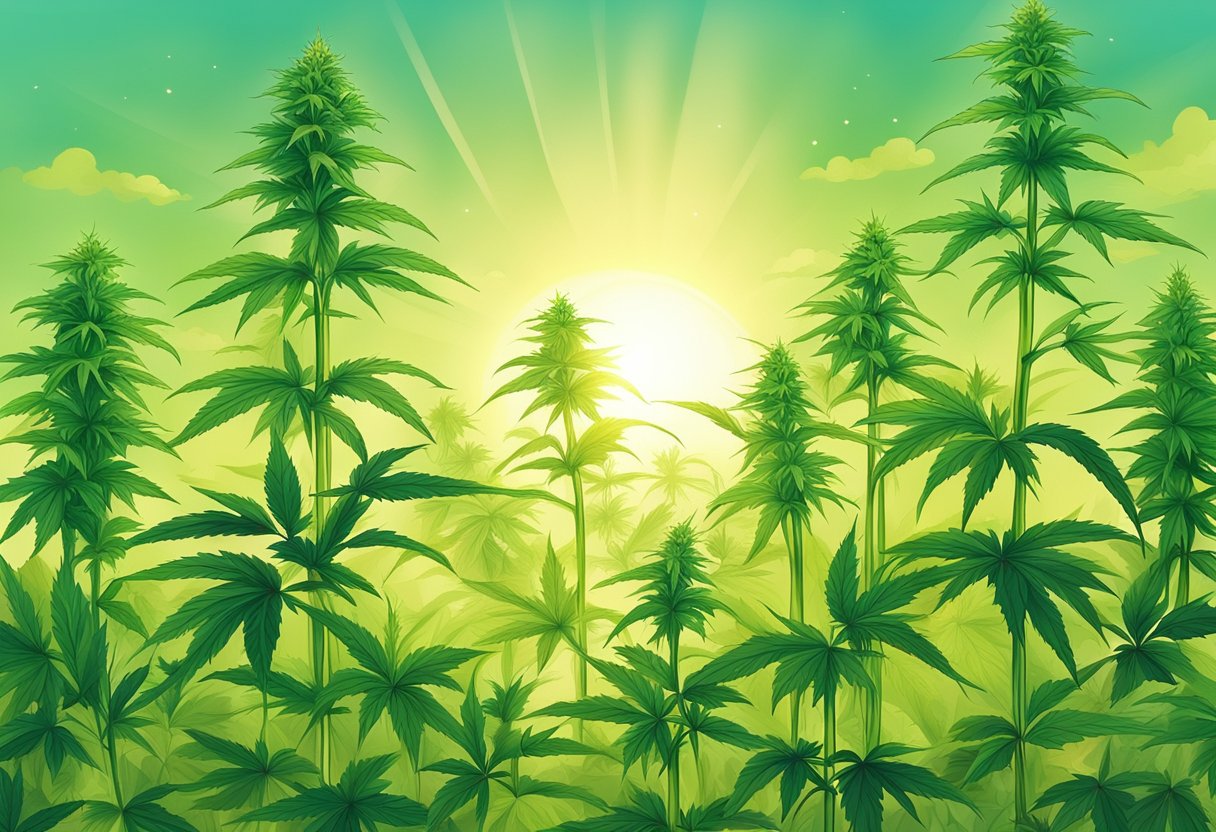 A field of CBD hemp plants growing under the sun, with vibrant green leaves and tall stalks reaching towards the sky