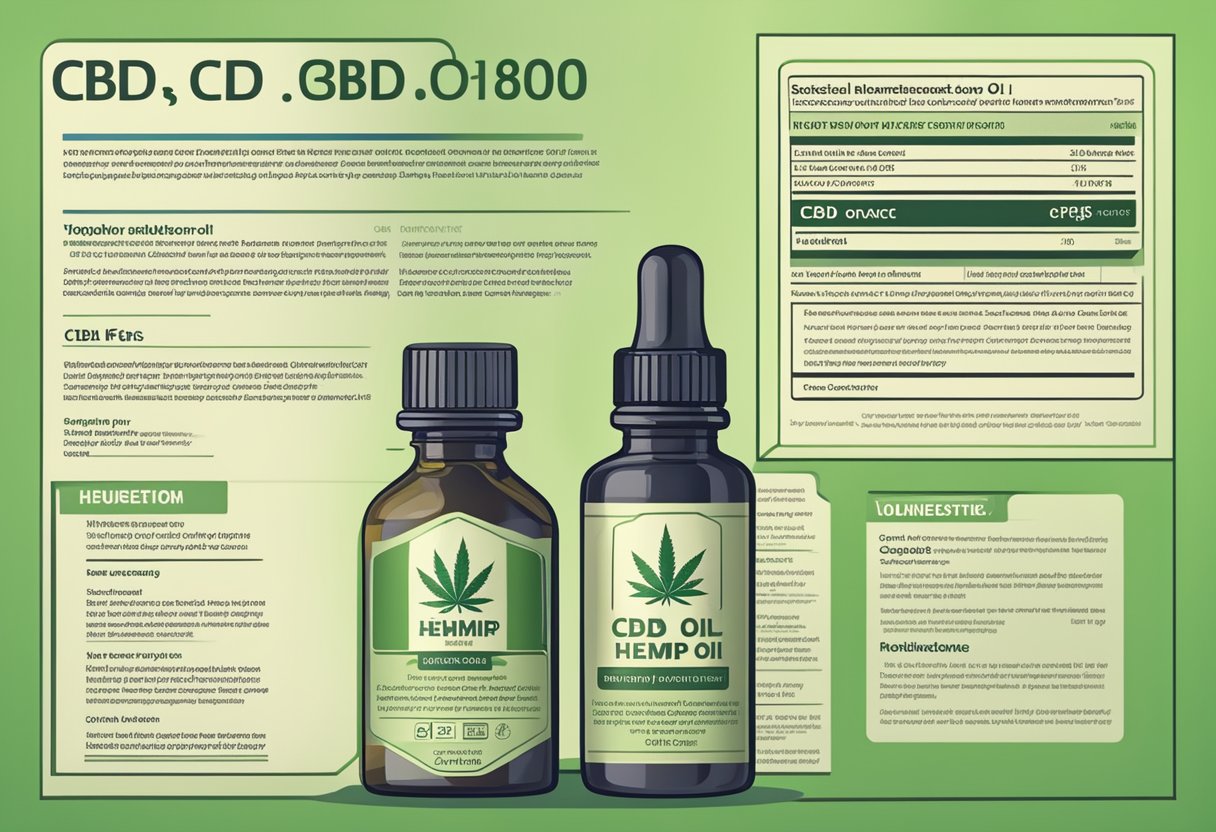 A bottle of CBD hemp oil with safety and side effects information label