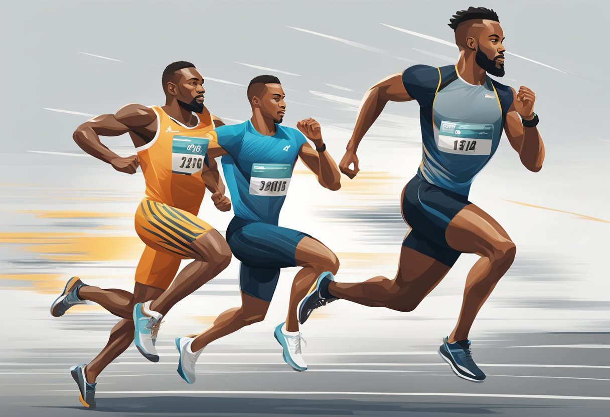 A sprinter bursts forward with explosive power, while a runner maintains a steady pace. The sprinter's body is angled forward, with arms pumping vigorously, while the runner's posture is more upright, with a smooth and consistent stride