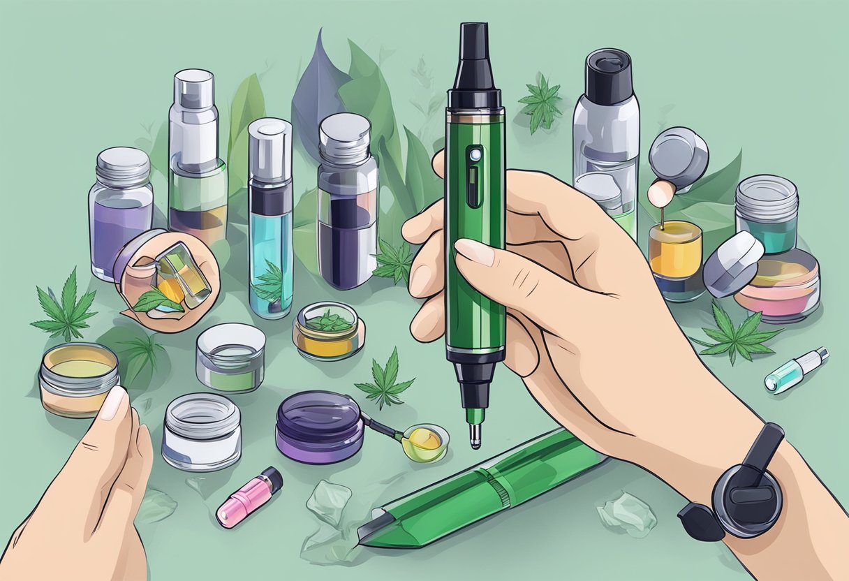A hand holding a CBD vape pen, surrounded by foundational CBD products