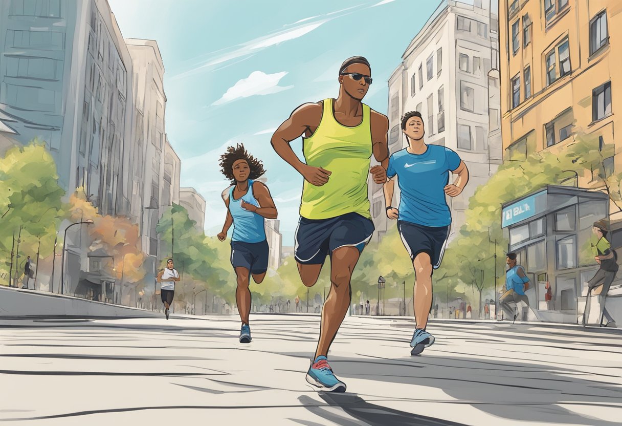 A figure sprints across a city street, while another runs on a nearby trail. The sprinter wears athletic gear, the runner carries a water bottle