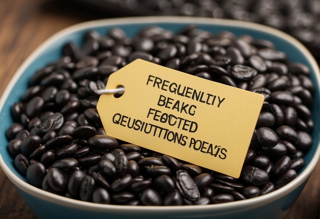 A pile of black turtle beans with a "Frequently Asked Questions" label