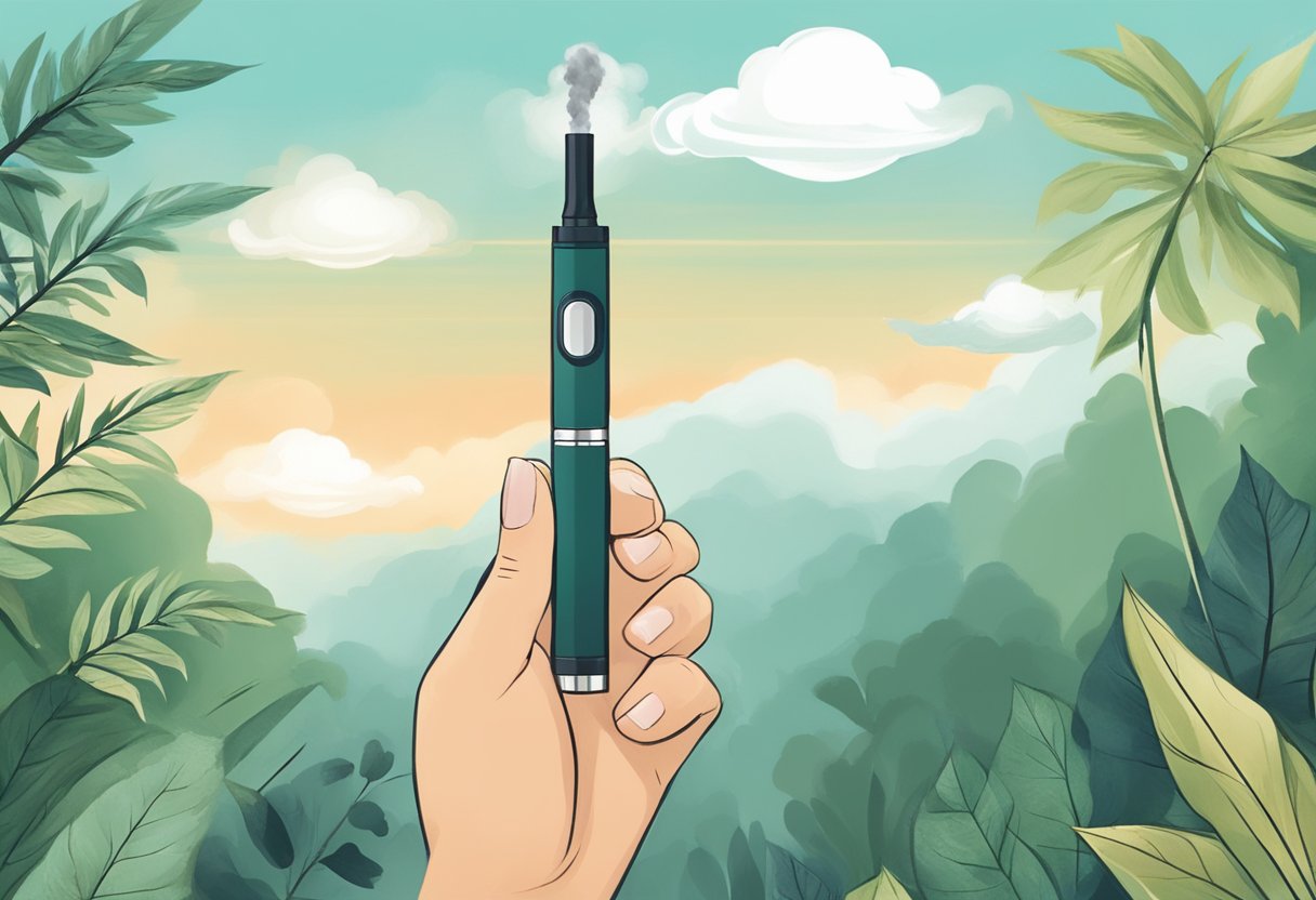 A hand holding a CBD vape pen, with a cloud of vapor rising from the tip, set against a backdrop of calming and natural elements
