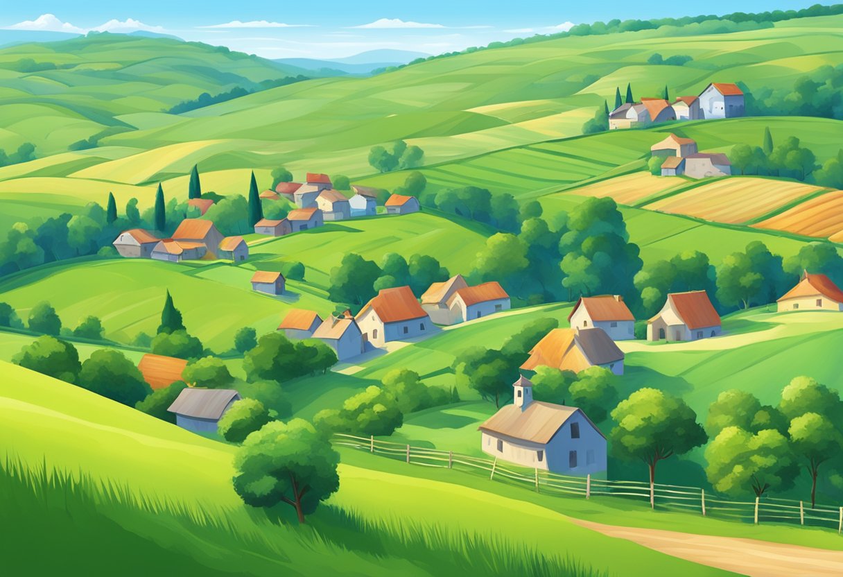 A serene countryside setting with a small village in the background, surrounded by lush green fields and a clear blue sky