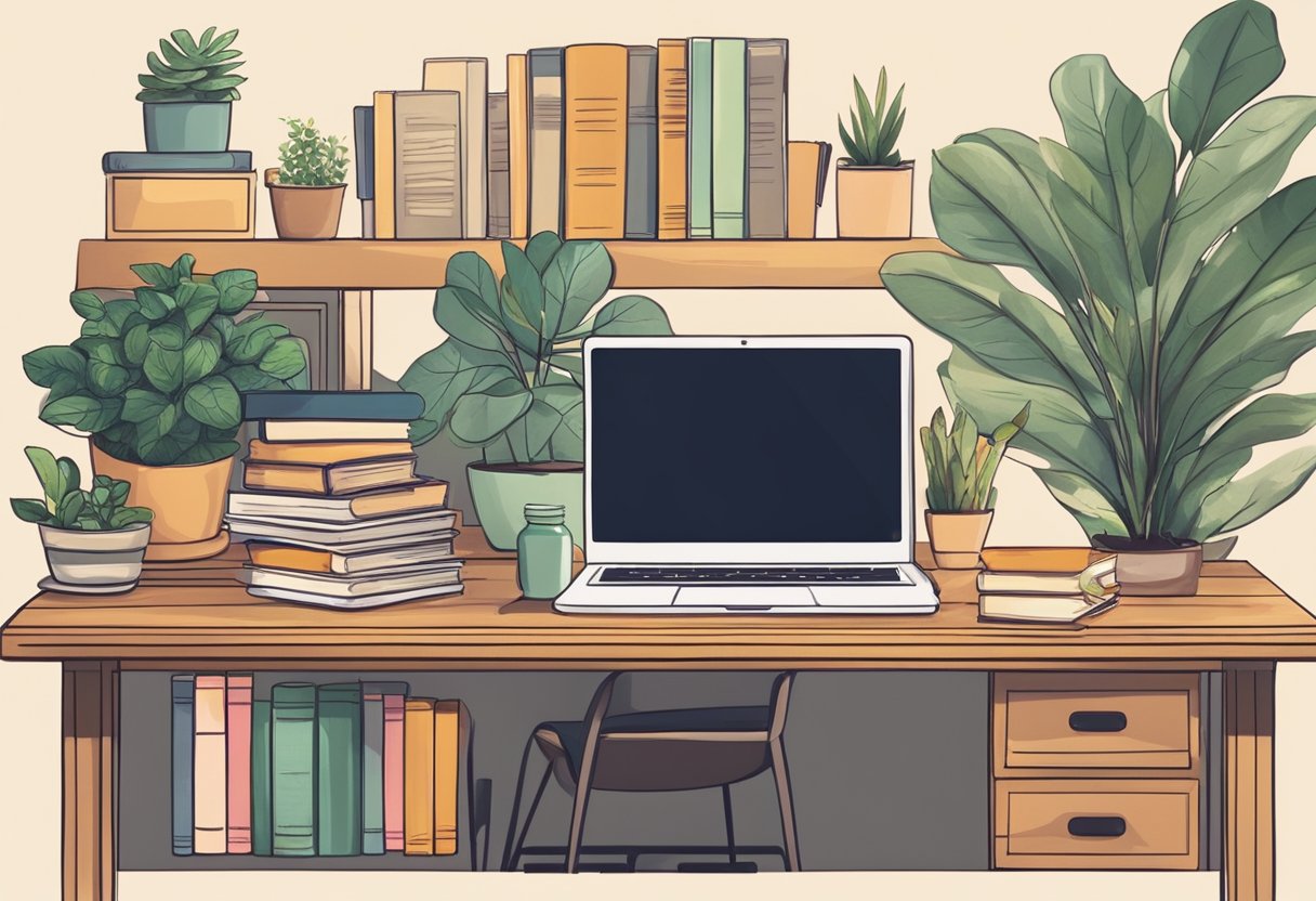 A stack of books and a laptop on a desk, surrounded by plants and art supplies. A warm, cozy atmosphere with soft lighting and a comfortable chair