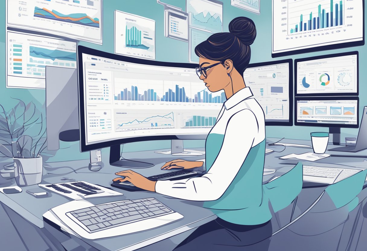 A woman sits at a desk surrounded by screens, typing on a keyboard. Charts and graphs on the screens show social media metrics and financial data