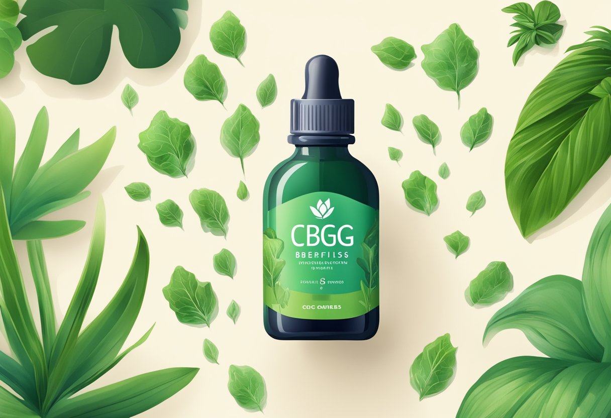 A bottle of CBG drops surrounded by vibrant green plants and natural elements, evoking a sense of wellness and health benefits