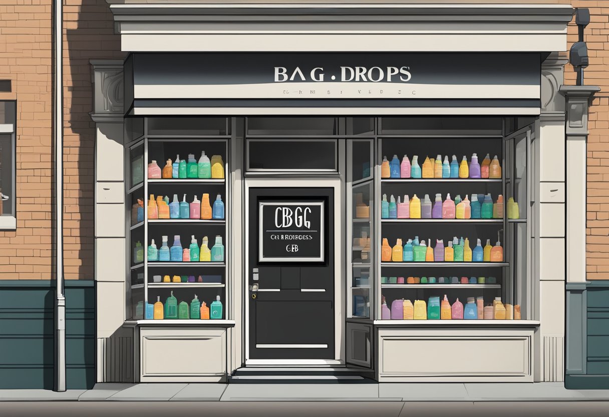 A storefront with a sign advertising "CBG Drops" in bold letters. Legal disclaimers and purchasing information displayed in the window