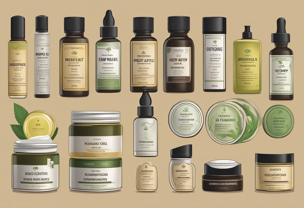 A variety of hemp creams and ointments displayed on a wooden table. Labels indicate different compositions and types of hemp extracts