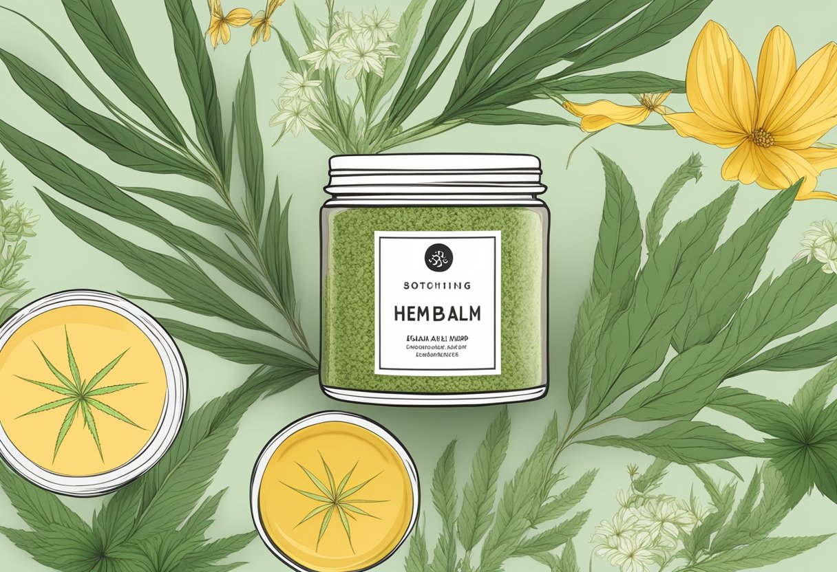 A jar of hemp balm surrounded by soothing botanicals and natural ingredients, with a soft glow emanating from the container