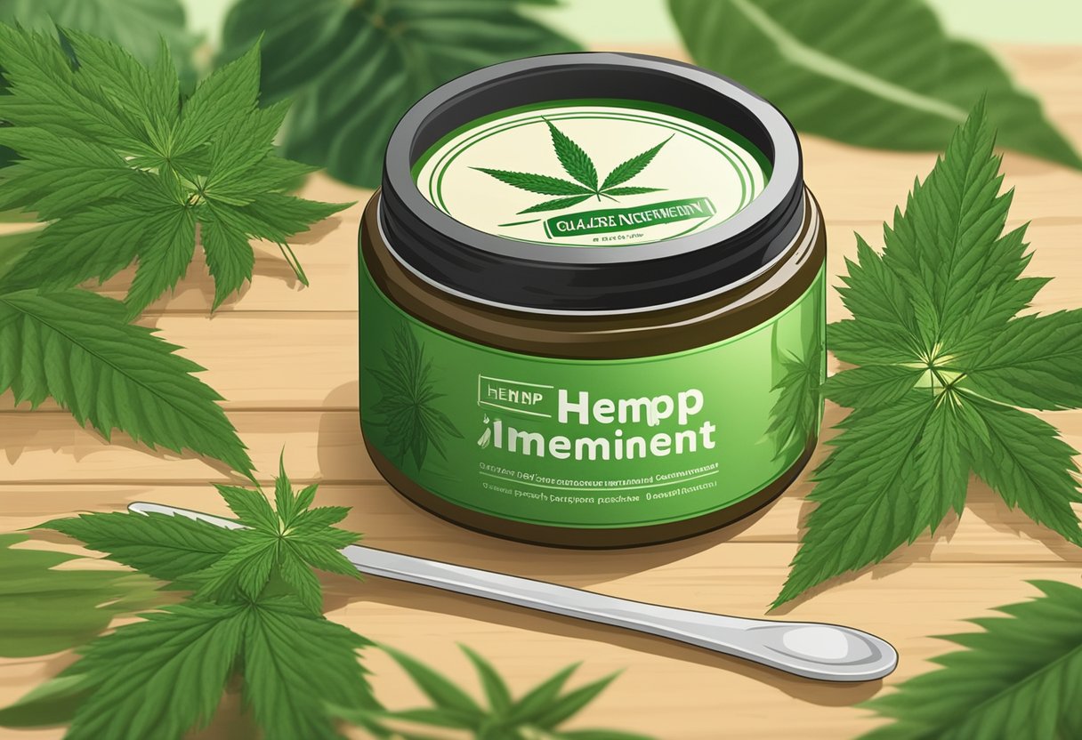 A jar of hemp ointment with a green label sits on a wooden table, surrounded by leaves and small hemp plants