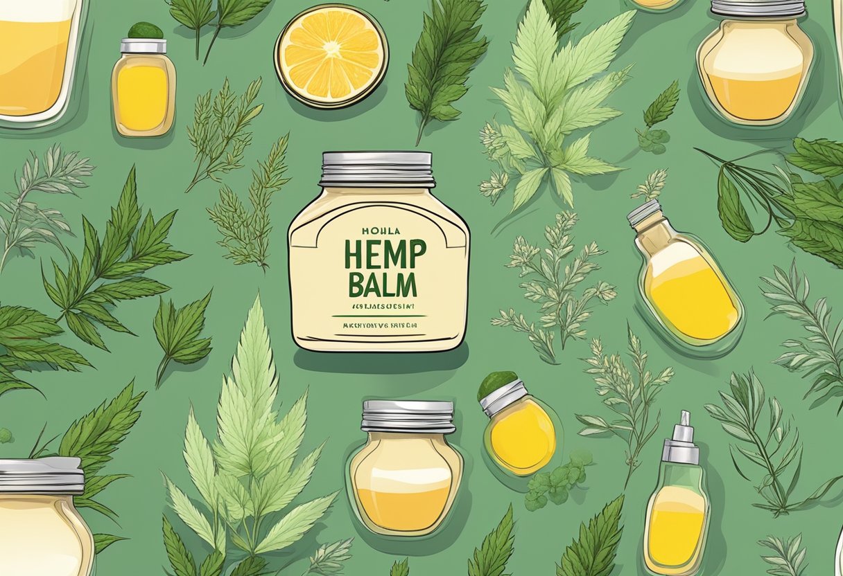 A jar of hemp balm surrounded by various natural ingredients and herbs, with a soothing glow emanating from it