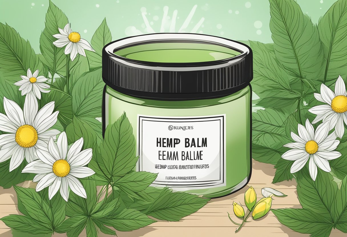 A jar of hemp balm surrounded by fresh hemp leaves and flowers, with a soft glow highlighting its soothing properties