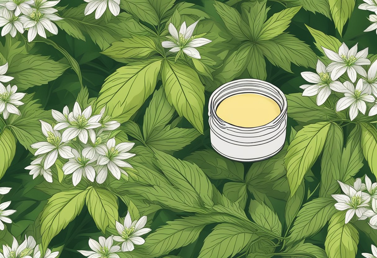 A jar of hemp balm surrounded by soothing green leaves and blooming hemp plants