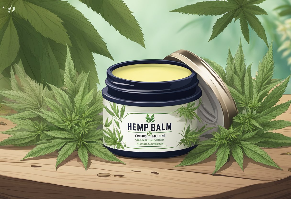 A jar of hemp balm sits open on a wooden table, surrounded by scattered hemp leaves and flowers. The balm's soothing effects are evident in the serene atmosphere