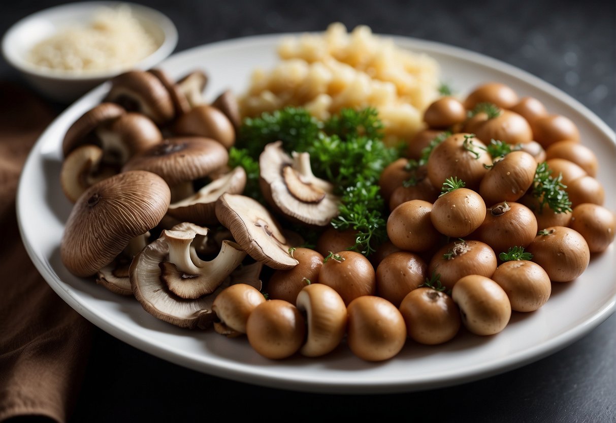 A plate with mushrooms and meat side by side, showcasing their nutritional values