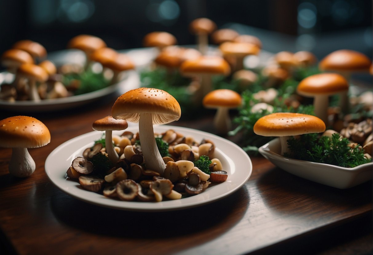 Mushrooms and meat on separate plates with a caution sign between them. A question mark hovers above the plates