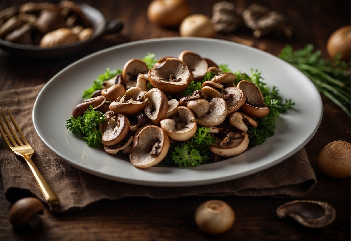A plate with mushrooms and meat, question mark above
