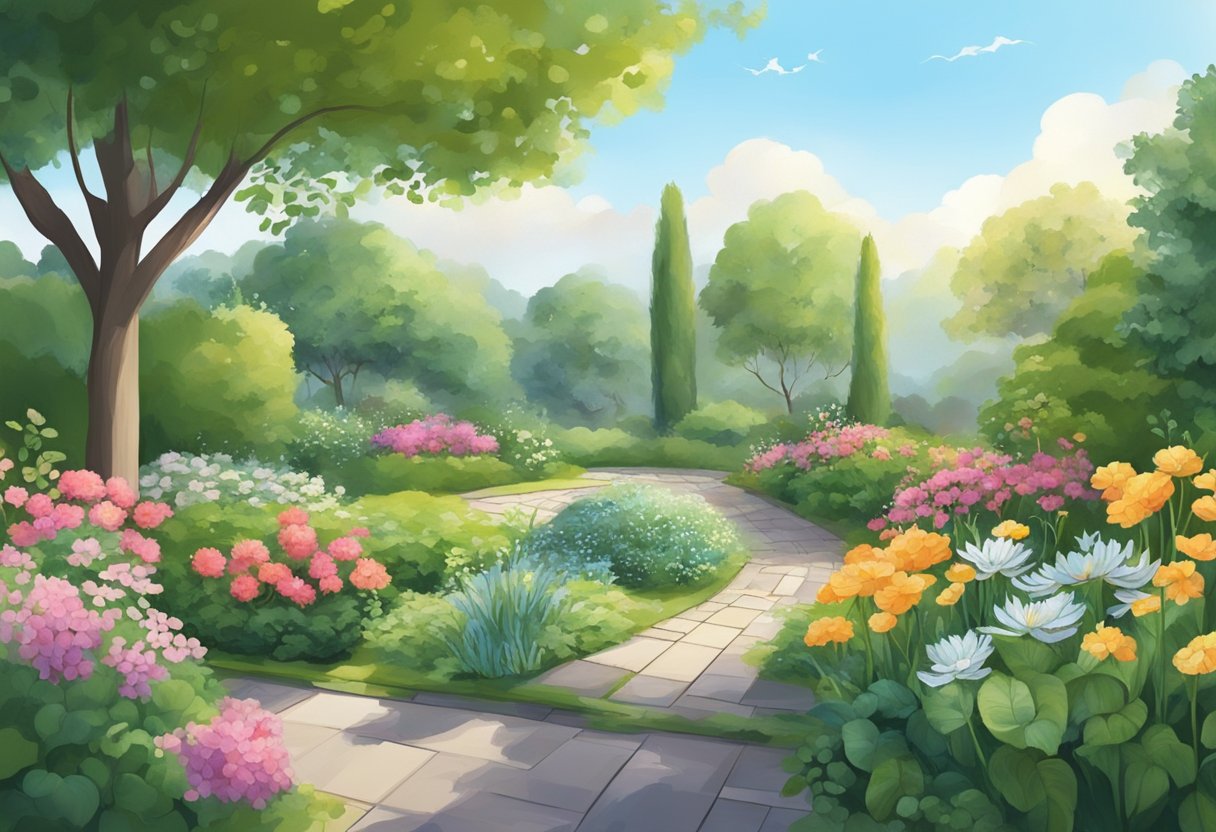 A serene garden with a variety of plants and flowers, a gentle breeze, and a sense of tranquility