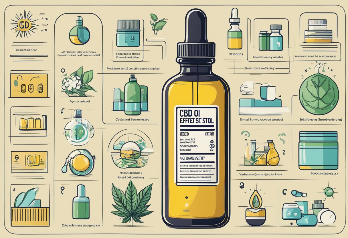 A bottle of CBD oil with a safety label and warning symbols, surrounded by various side effects listed in small print