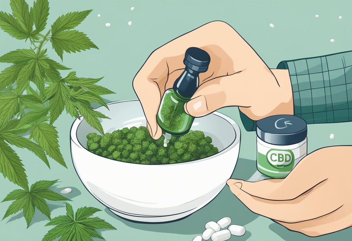 A person using CBD oil with a dropper, a bottle of CBD capsules, and a leafy green cannabis plant in the background