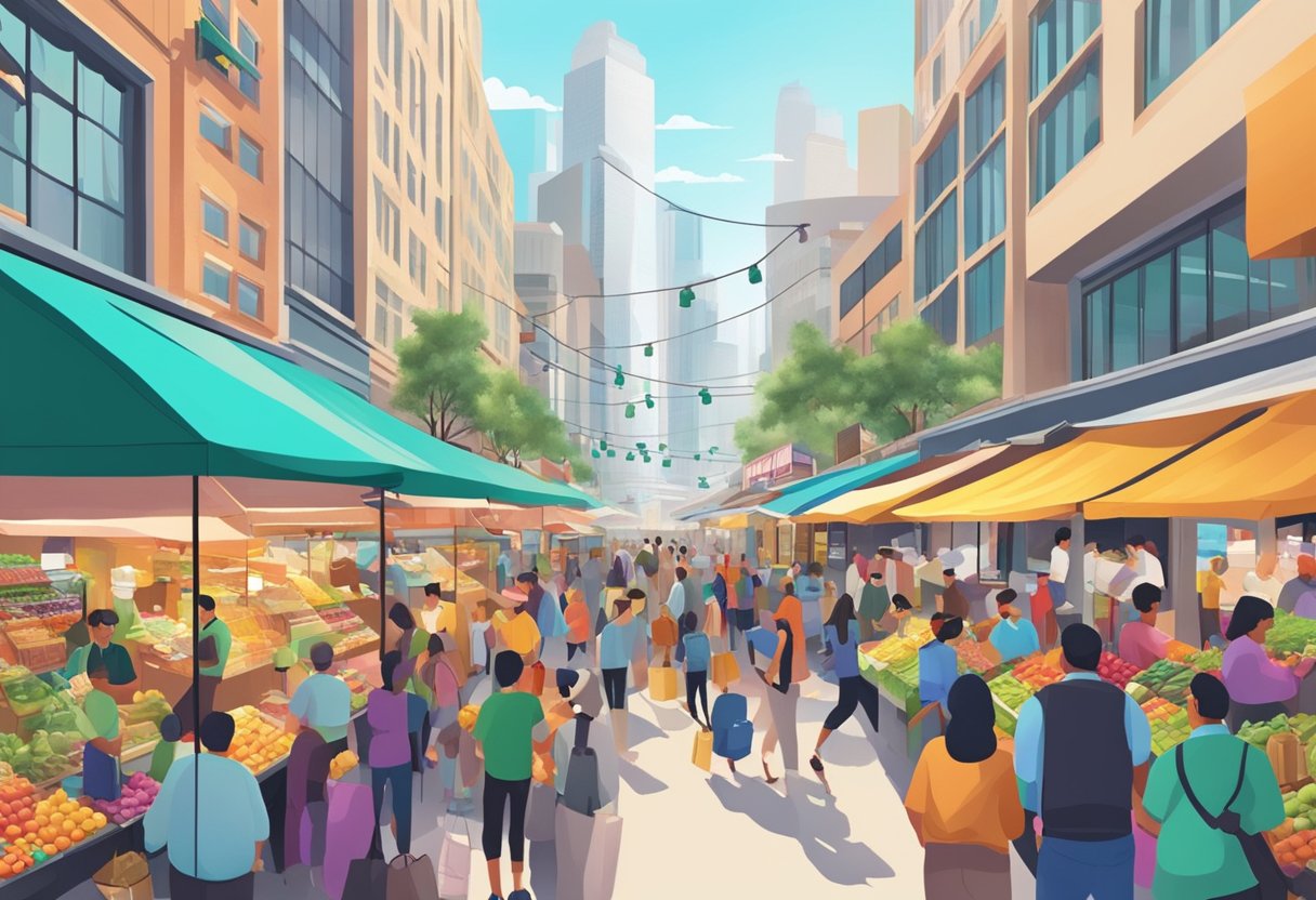 A bustling CBD market with colorful stalls and busy shoppers