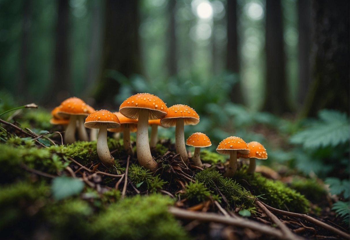 A cluster of mushrooms sprout from the forest floor, their vibrant colors and unique shapes hinting at their mystical significance in folklore and superstitions
