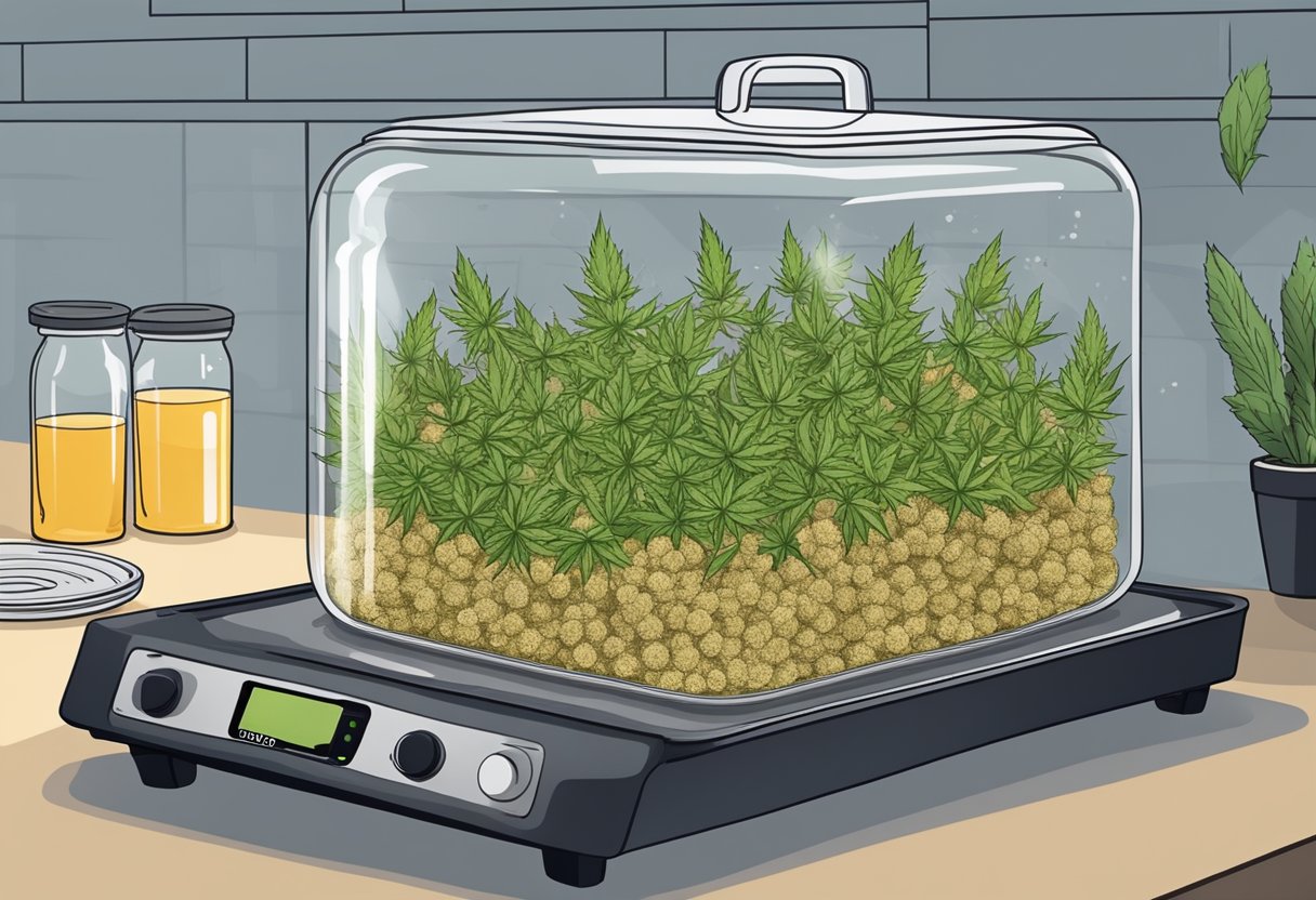 A glass jar filled with hemp buds sits on a baking sheet in an oven. The oven temperature is set to 240°F, and a timer is counting down