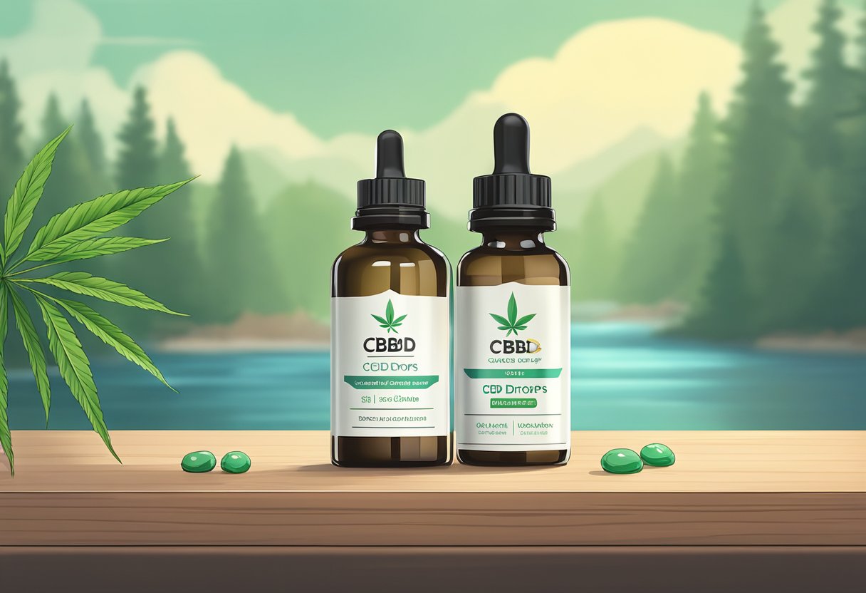 A bottle of CBD drops sits on a table, with a serene background to convey a calming atmosphere