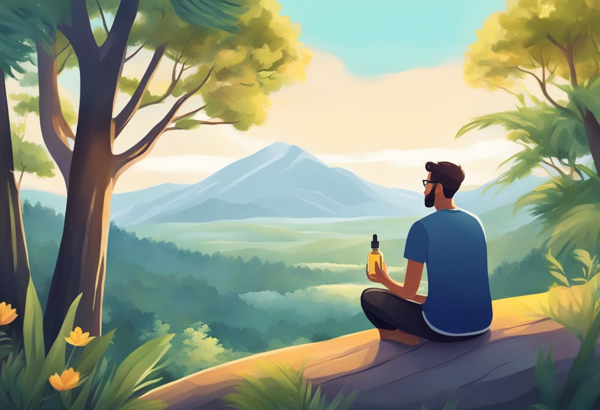 A serene landscape with a bottle of CBD oil and a person feeling calm and relaxed, surrounded by nature and peaceful surroundings