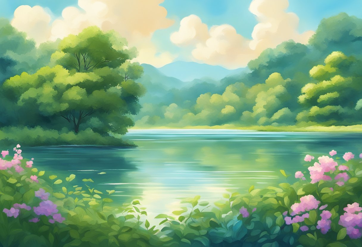 A serene landscape with a calm body of water surrounded by lush greenery, with a clear blue sky and a few fluffy white clouds