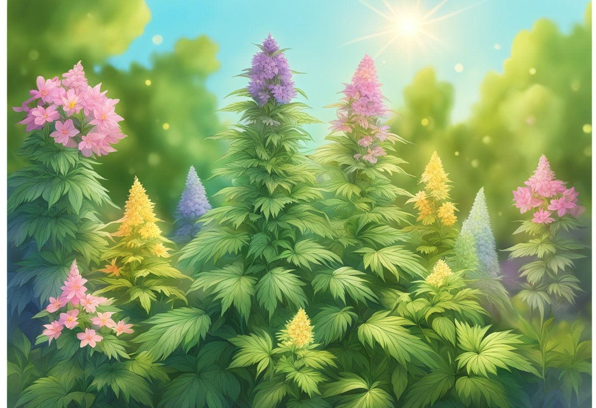 A colorful array of CBD flowers in full bloom, surrounded by lush green foliage and bathed in warm sunlight