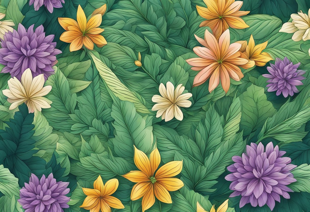 A close-up of CBD flowers with vibrant colors and intricate details, surrounded by lush green leaves and bathed in soft natural light