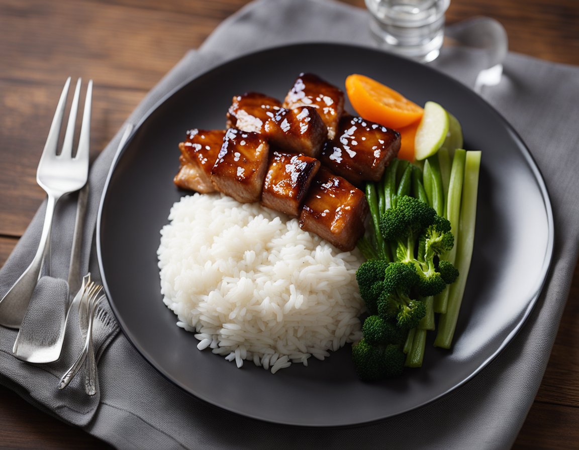 A plate of char siu chicken with a glossy, caramelized glaze, served with steamed vegetables and a side of fluffy white rice
