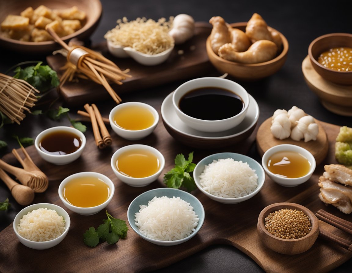 A table with various ingredients: chicken, soy sauce, honey, hoisin sauce, garlic, ginger, and rice wine. Substitutions include tofu or seitan for chicken, and maple syrup for honey