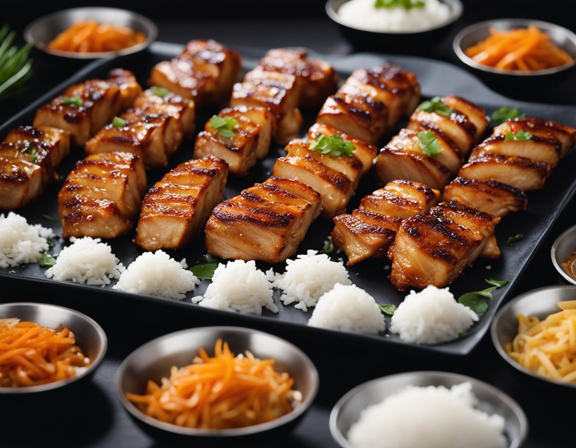 A chef marinates and grills chicken, basting it with a sweet and savory char siu sauce. The chicken is then sliced and served with steamed rice and vegetables