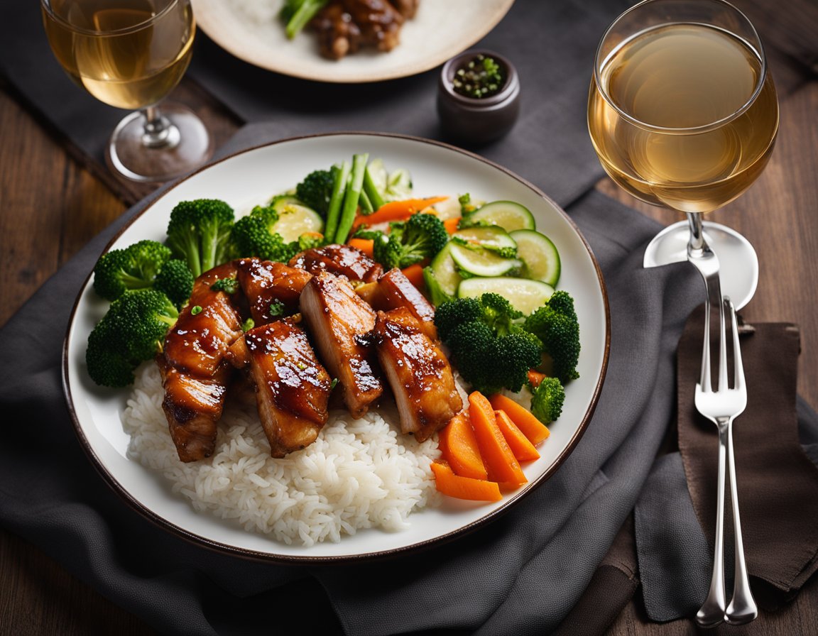 A plate of char siu chicken with steamed rice and stir-fried vegetables, accompanied by a glass of white wine