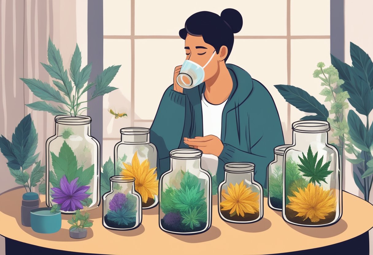 A table with various CBD flowers in glass jars, labeled with their effects. A person peacefully inhales the aroma, surrounded by a calming atmosphere
