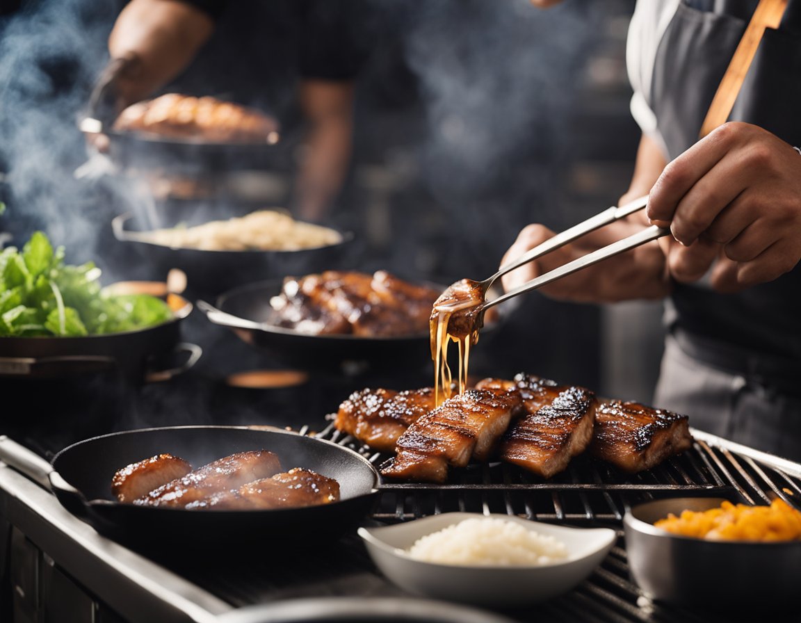 A sizzling hot grill cooks marinated char siu chicken, emitting aromatic smoke and caramelizing glaze, while a chef brushes on a final coat of sauce