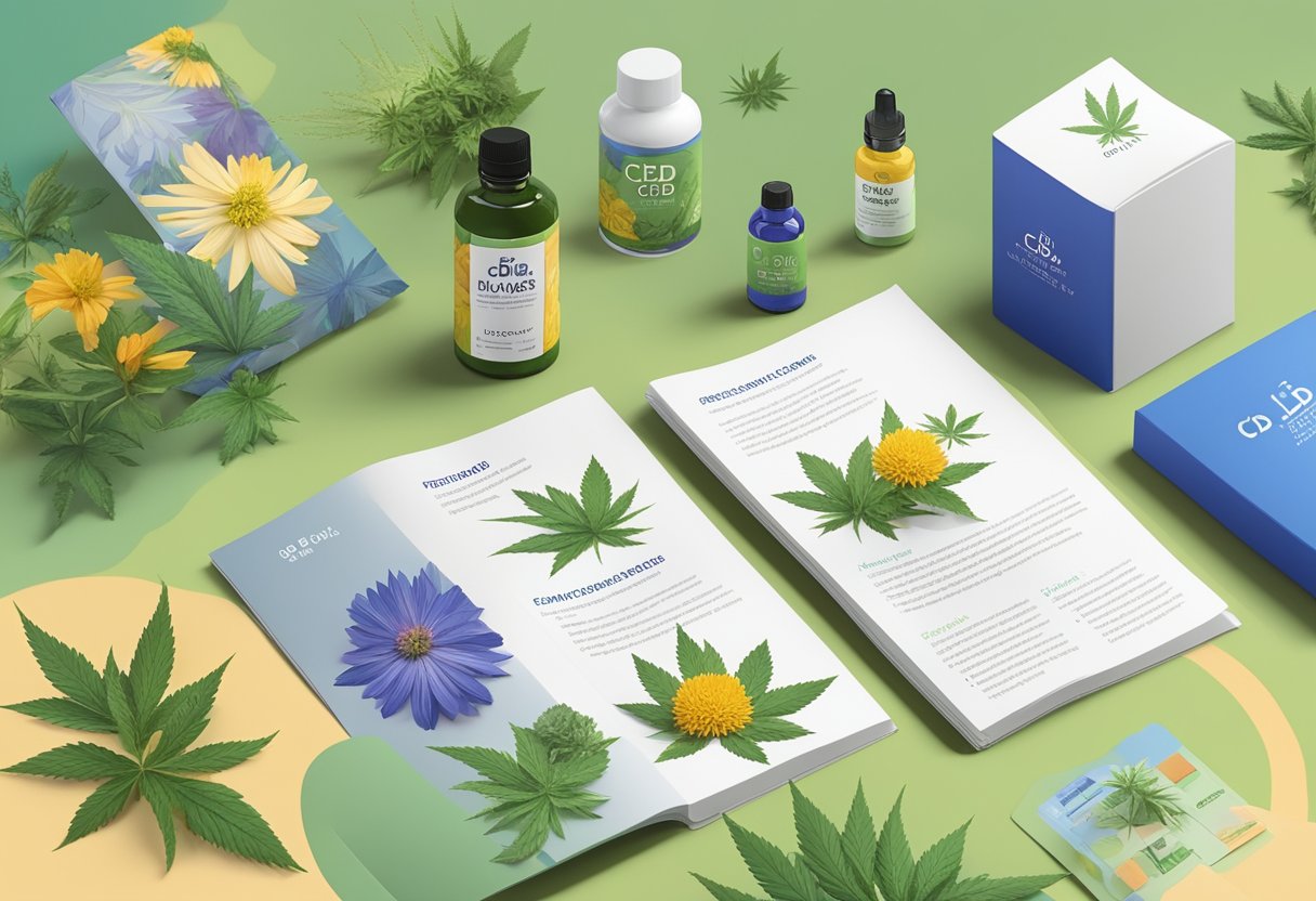 A table with various types of CBD flowers displayed in colorful packaging, with informational brochures and sources placed nearby