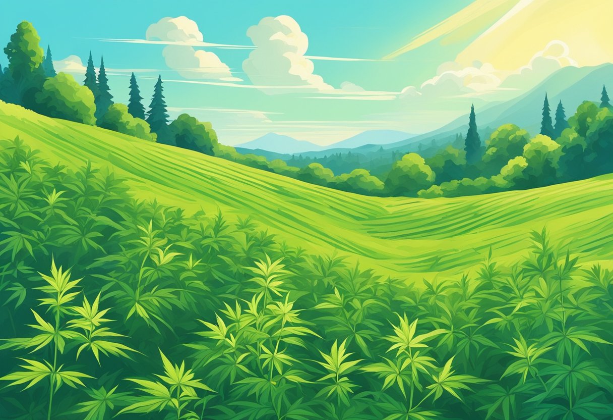 A serene landscape with a field of vibrant green hemp plants, surrounded by a clear blue sky and gentle sunlight